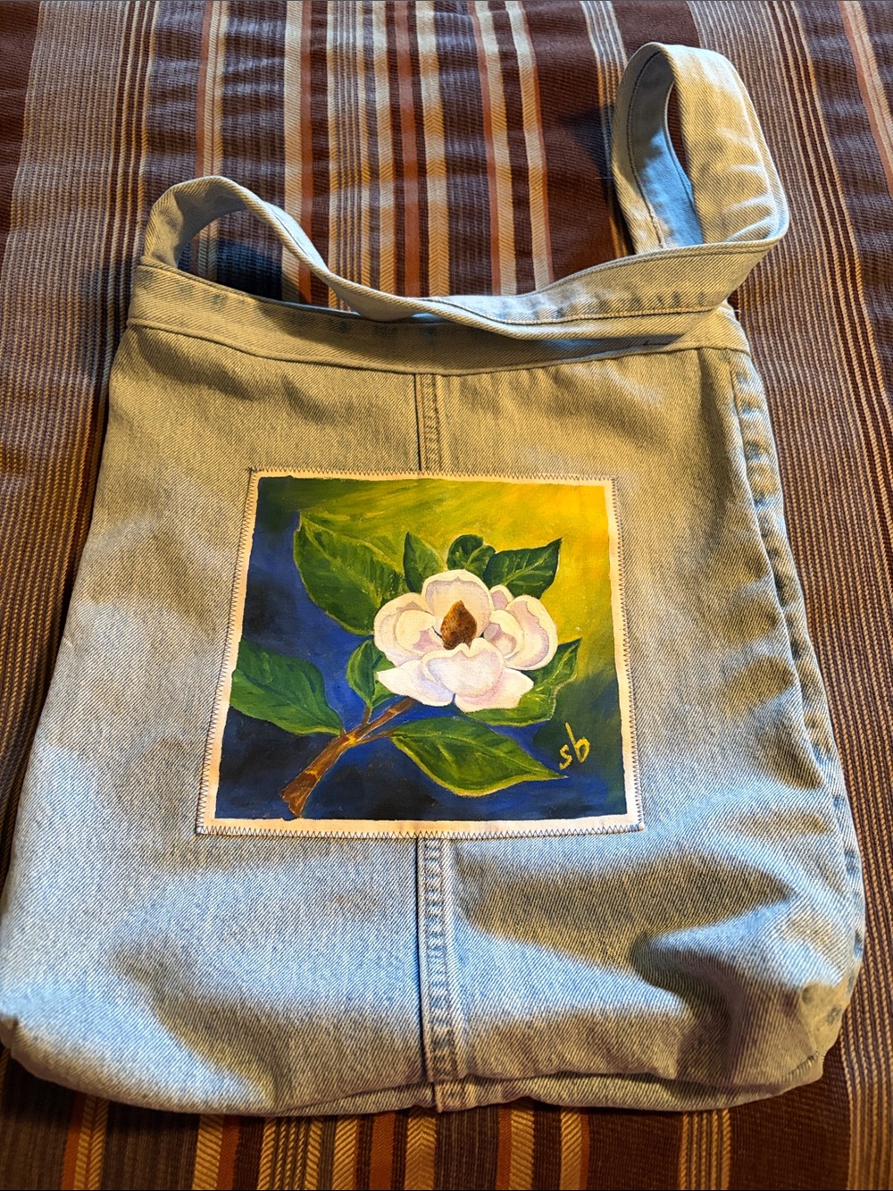Hand-Painted Floral Denim Tote Bag - White Magnolia